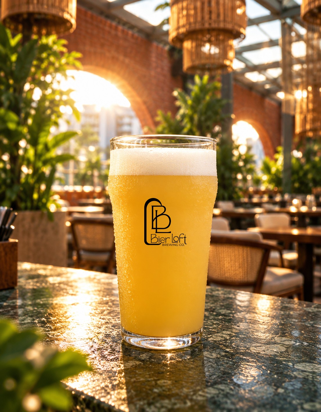 Hazy golden craft beer in a Bier Loft pint glass on a marble table