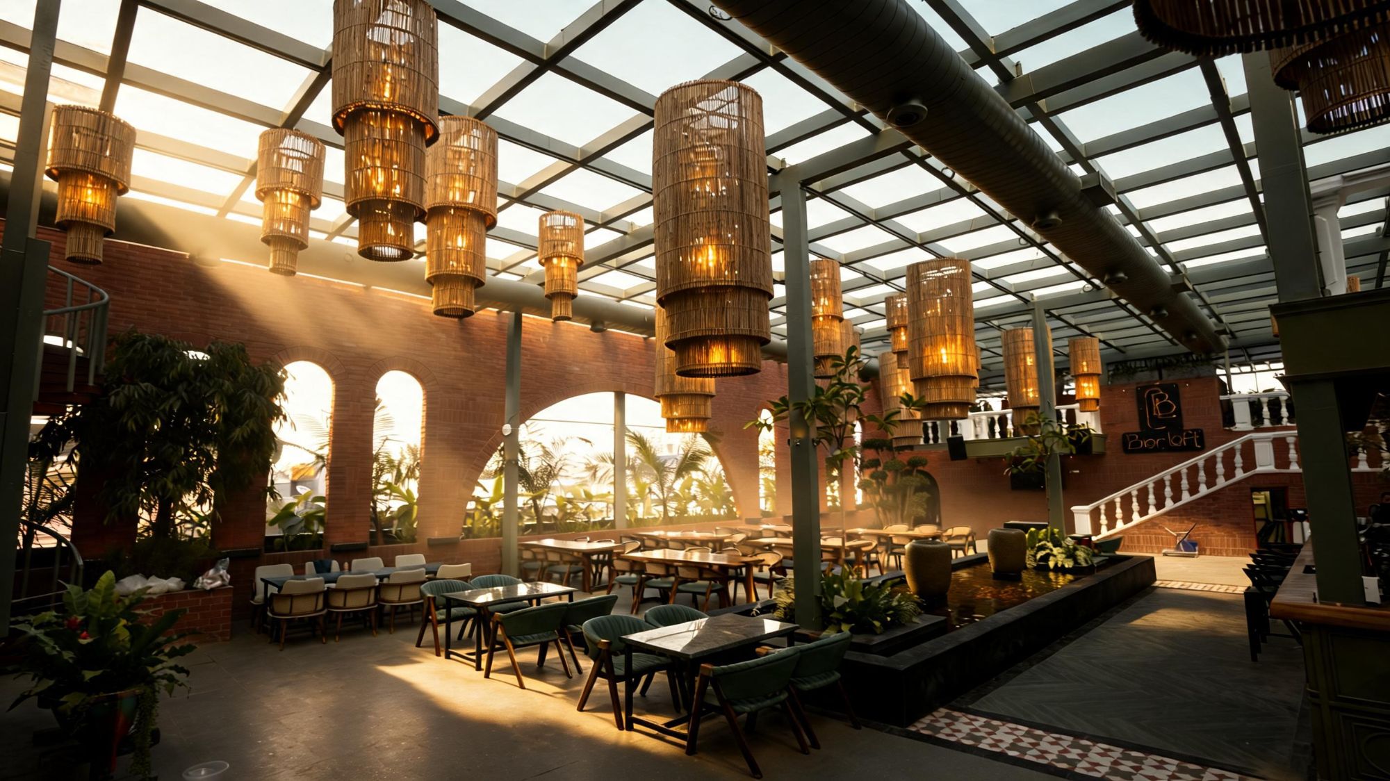 Glass-roofed dining hall at Bier Loft at golden hour with rattan lanterns and brick arches